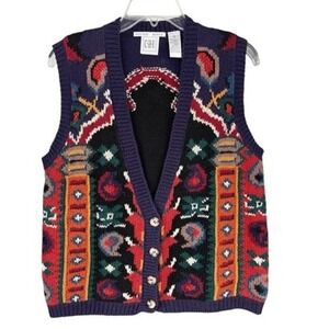T3 Vintage 90s Knit Sweater Vest Button Front Geometric Abstract‎ Pattern